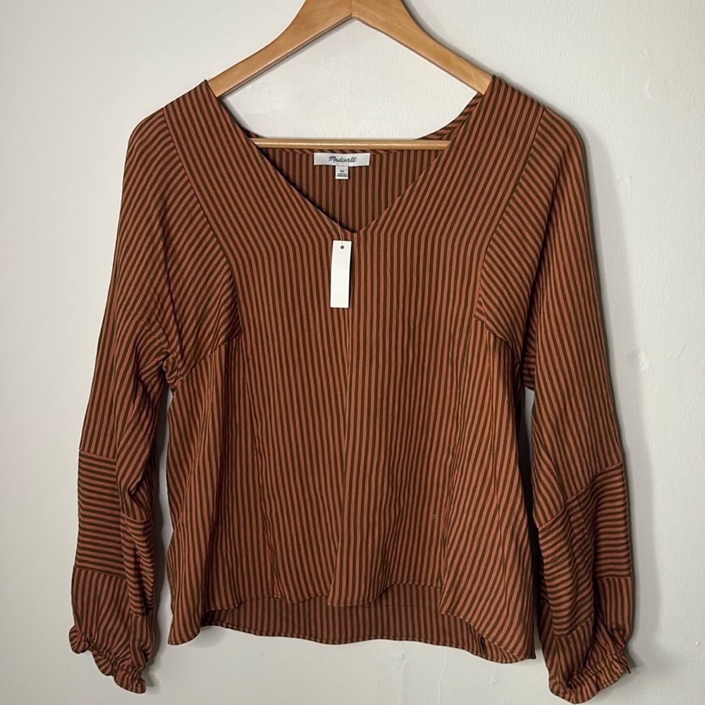 Madewell V neck Ruffle Cuff Top Stripe-play - Picture 3 of 5